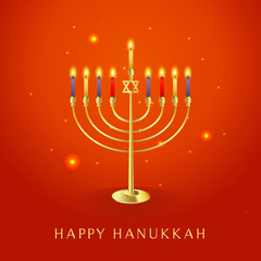 Happy Hanukkah greeting card vector illustration, Beautiful Menorah (traditional candelabra) on orange background.
