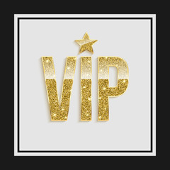 Golden symbol of exclusivity, the label VIP with glitter. Very important person - VIP icon. Sign of exclusivity with Golden glow. Template for vip banners or card, 3D illustration