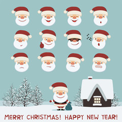 Merry christmas and happy new year! Set of isolated faces of Santa Claus in different emotion. Collection of Santa Claus in cartoon style for christmas decoration.