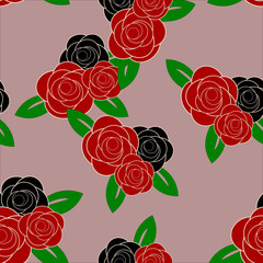 Black and red rose with leaves on dark pink background seamless pattern vector. Roes for valentine and love feeling.