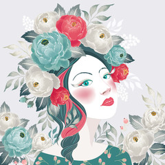 Vector illustration of a girl with floral bouquet on her head in spring for Wedding, anniversary, birthday and party. Design for banner, poster, card, invitation and scrapbook	
