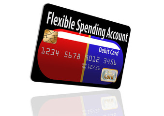 A flexible spending account debit card is decorated with a medicine capsule in this 3-D illustration. The FSA card is for paying medical expenses and is a feature of medical insurance.
