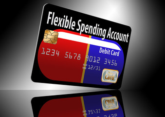 A flexible spending account debit card is decorated with a medicine capsule in this 3-D illustration. The FSA card is for paying medical expenses and is a feature of medical insurance.