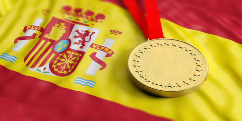 Gold medal on Spain flag. Horizontal, full frame closeup view. 3d illustration