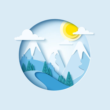 Winter mountain paper cut landscape background. Vector banner for skiing resort 
