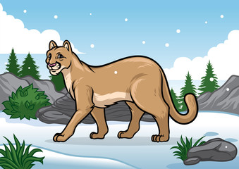cartoon of cougar illustration in the snowy mountain
