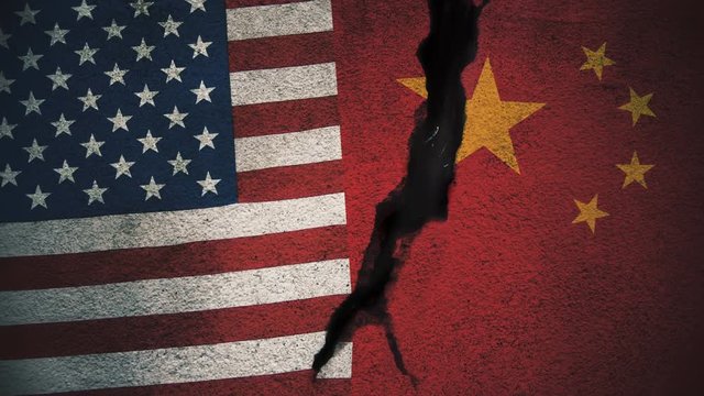United States vs China Flags on Cracked Wall