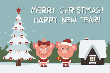 Merry Christmas and Happy New Year! Greeting card: two pig, boy and girl, with gift near Christmas tree.