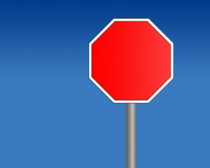 Red octagonal sign over blue gradient background.