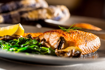 Salmon Roast Fillet. Portion of roast salmon fillet with spinach mushrooms in restaurant pub home or hotel