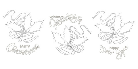 Typography hand drawn holly banner set, leafs, berry, lettering Happy New Year, Winter hpliday, Merry Chrictmas on white stock vector illustration