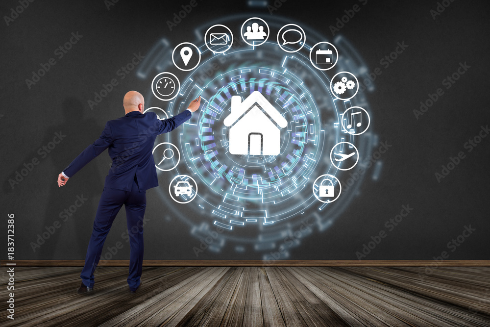 Poster home button of a technology interface surrounded by application - technology app concept