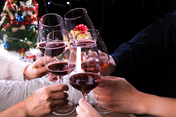 Christmas new year party celabrating with champagne and tree