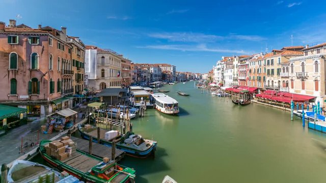 Buildings and Gondolas in Venice timelapse, Grand Canal view from Rialto Bridge.