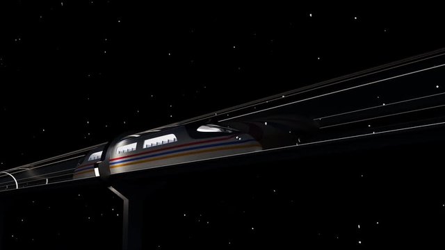Concept of hyperloop. High-speed white passenger train moves in transparent glass tunnel against a background of dark night sky, seamless, looping element