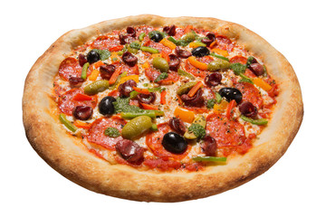 italian pizza on white background isolated, photo on a wide-angle lens