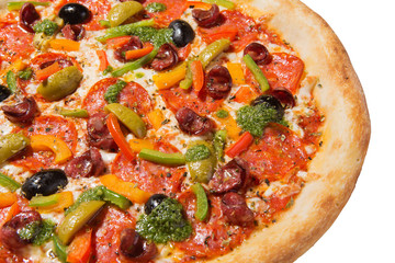 Italian pizza on white background isolated, side view