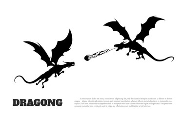 Black silhouette of dragons battle on white background. Fantasy monster. Knight's tales