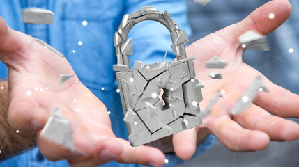 Businessman hacking in broken padlock security 3D rendering