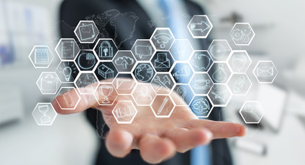 Businessman holding multimedia hand-drawn interface