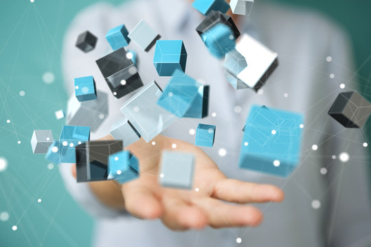 Businesswoman using floating blue shiny cube network 3D rendering