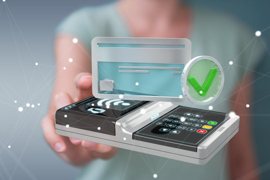 Businesswoman using contactless terminal payment 3D rendering