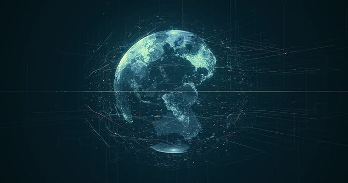 Digital data globe - abstract 3D rendering of a scientific technology data network surrounding planet earth conveying connectivity, complexity and data flood of modern digital age