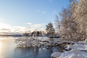 Beautiful view of snowy trees and frozen Lake Pyhäjärvi on a sunny day in the winter in Tampere, Finland. Copy space.
