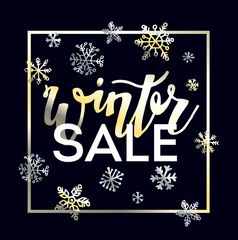 Fototapeta na wymiar Winter sale doodle banner with snowflakes. Hand drawn lettering