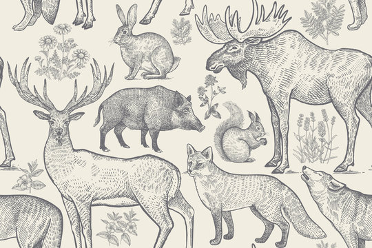 Seamless pattern with animals and flowers.