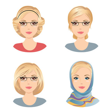 Different female hairstyles. For the woman with blonde hair, middle aged woman / flat design, vector cartoon illustration