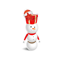 Snowman with a red Santa Claus hat and gift on a white background. A cartoon character for Christmas and New Year
