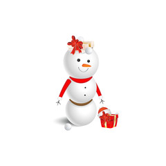 Snowman with a red Santa Claus hat and gift on a white background. A cartoon character for Christmas and New Year