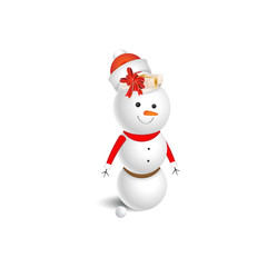 Snowman with a red Santa Claus hat and gift on a white background. A cartoon character for Christmas and New Year