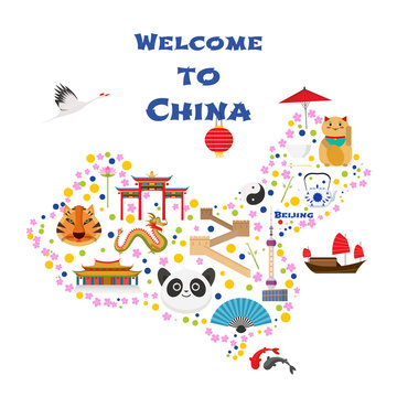 Map of China vector illustration, design. Icons with Chinese pagoda, animals, cities