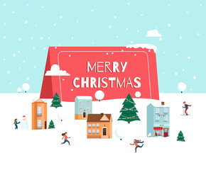 Merry Christmas. Winter landscape with houses and peoples.