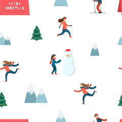 Happy people. Winter scene. Seamless pattern