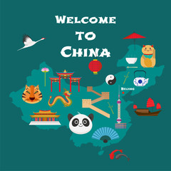 Naklejka premium Map of China vector illustration, design. Icons with Chinese landmarks, culture, Hong Kong, Beijing