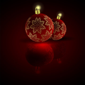 Christmas balls with golden snowflakes on a dark red background