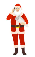 Santa Claus talking on the mobile phone and holding the project plans