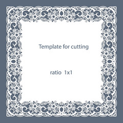 Greeting card with openwork border, paper doily under the cake, template for cutting, wedding invitation, decorative plate is laser cut, vector illustrations.