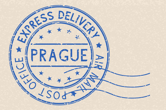 Round blue postmark Prague, Czech Republic on beige background