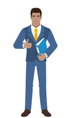 Businessman holding a folder and showing thumb