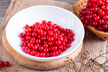 Ripe red viburnum berries in a bowl on table