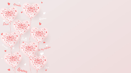 Decoration Web Banner for Happy Valentine's Day. Beautiful Background with Realistic Transparent Pink Air Balloons with Confetti in the form of Heart. Vector Illustration.