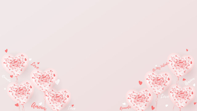 Happy Valentine's Day Decoration Web Banner. Beautiful Background with Realistic Transparent Pink Air Balloons with Confetti in the form of Heart. Vector Illustration.