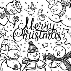 Christmas card design with holidays funny snowman, candy, snowflakes, birds, christmas tree. Merry Christmas black and white vector illustration