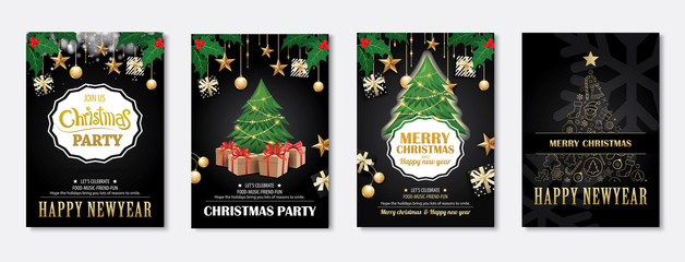 Merry christmas greeting card and party invitations on black background. Vector illustration element for happy new year flyer brochure design.