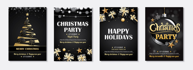 Merry christmas greeting card and party invitations on black background. Vector illustration element for happy new year flyer brochure design.