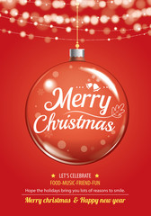 Naklejka na ściany i meble Merry christmas party and glass ball for flyer brochure design on red background invitation theme concept. Happy holiday greeting banner and card template.